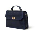 Luxury Genuine Leather Blue Handbag for Women – Crocodile-Embossed Top Handle Purse with Gold Lock Closure