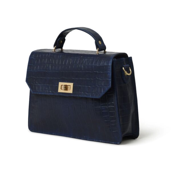 Luxury Genuine Leather Blue Handbag for Women – Crocodile-Embossed Top Handle Purse with Gold Lock Closure