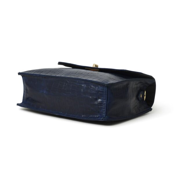 Luxury Genuine Leather Blue Handbag for Women – Crocodile-Embossed Top Handle Purse with Gold Lock Closure - Image 3
