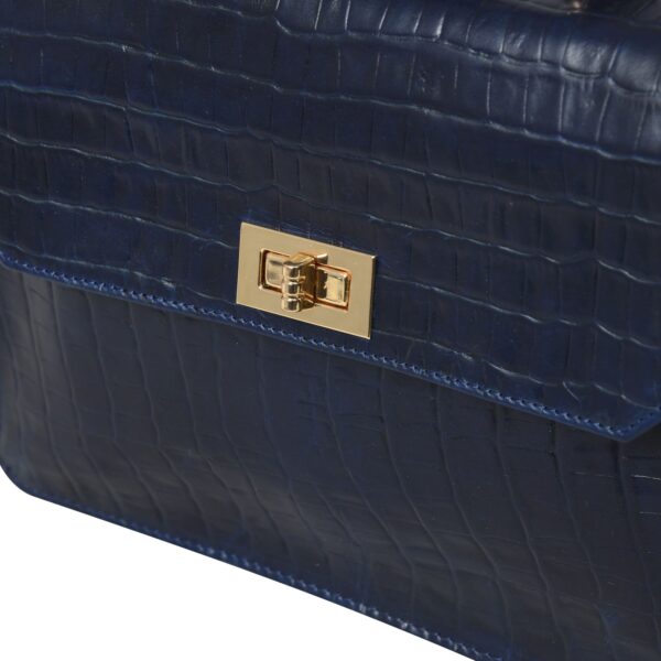 Luxury Genuine Leather Blue Handbag for Women – Crocodile-Embossed Top Handle Purse with Gold Lock Closure - Image 4