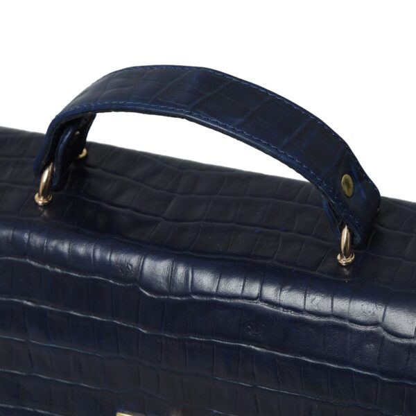 Luxury Genuine Leather Blue Handbag for Women – Crocodile-Embossed Top Handle Purse with Gold Lock Closure - Image 5