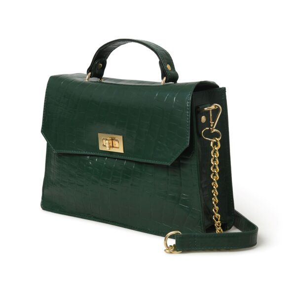 Luxury Genuine Leather Green Handbag for Women – Crocodile-Embossed Top Handle Purse with Gold Lock Closure - Image 2