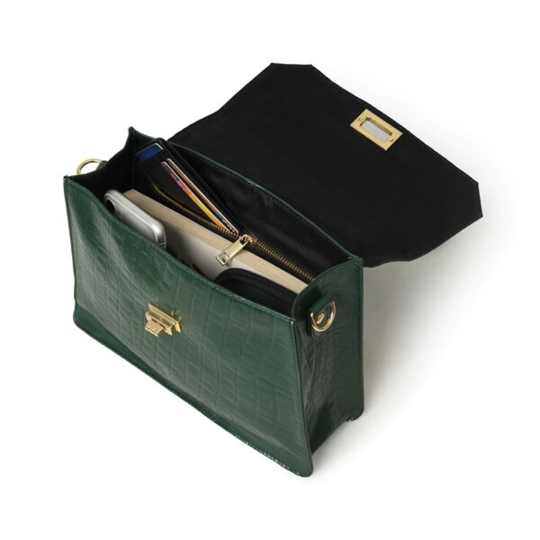 Luxury Genuine Leather Green Handbag for Women – Crocodile-Embossed Top Handle Purse with Gold Lock Closure - Image 5