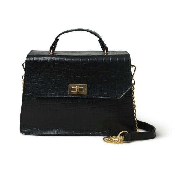 Luxury Genuine Leather Black Handbag for Women – Crocodile-Embossed Purse with Gold Lock & Detachable Chain Strap - Image 3