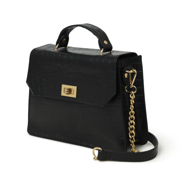 Luxury Genuine Leather Black Handbag for Women – Crocodile-Embossed Purse with Gold Lock & Detachable Chain Strap - Image 4
